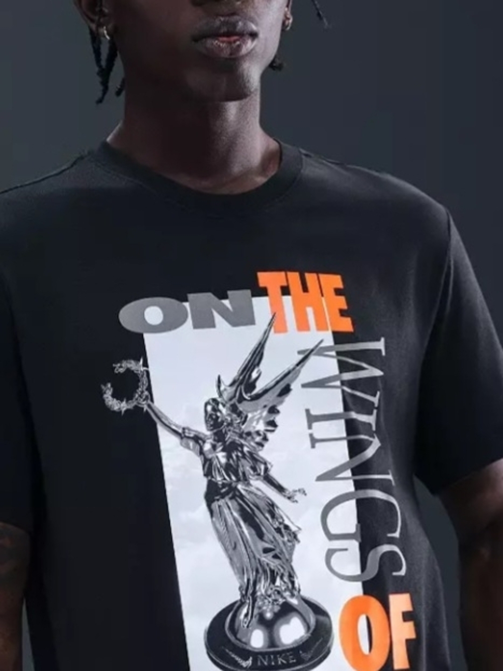 Nike Men's Sportswear Wings Of Victory Black Graphic Tee with Orange Accent M